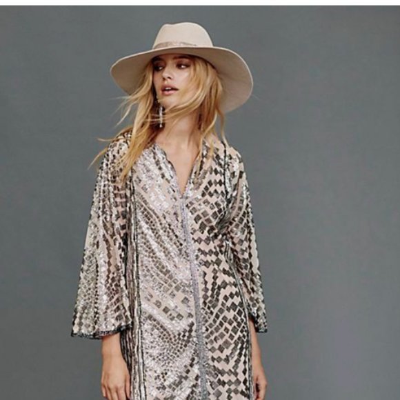 2x🎉HP Anna Sui Anthropologie Metallic Silver Sequin Mini Dress Retrofete Style - Picture 4 of 15